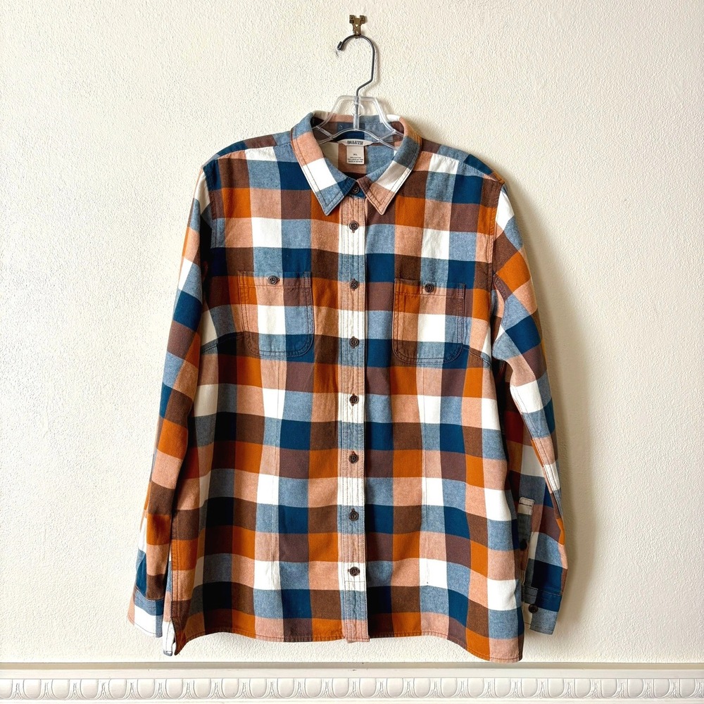 Duluth Trading Co. Free Swingin' Flannel Shirt XL Orange Blue Plaid 100% Cotton